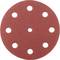 Okrągły czerwony papier ścierny z ośmioma otworami, typowy dla elektrycznych szlifierek.