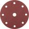 Krążek z czerwonego papieru ściernego z siedmioma otworami, stosowany do szlifowania powierzchni w rzemiośle i przemyśle.