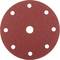 Okrągła nakładka papieru ściernego z siedmioma symetrycznymi otworami, przeznaczona do szlifierki mimośrodowej, o szorstkiej powierzchni w odcieniu rdzawobrązowym.