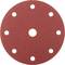 Czerwona okrągła tarcza szlifierska z papierem ściernym, posiadająca siedem równomiernie rozmieszczonych otworów oraz centralne mocowanie do maszyny.