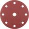 Czerwonobrązowy okrągły arkusz papieru ściernego z siedmioma równomiernie rozmieszczonymi otworami, stosowany w elektrycznych szlifierkach.