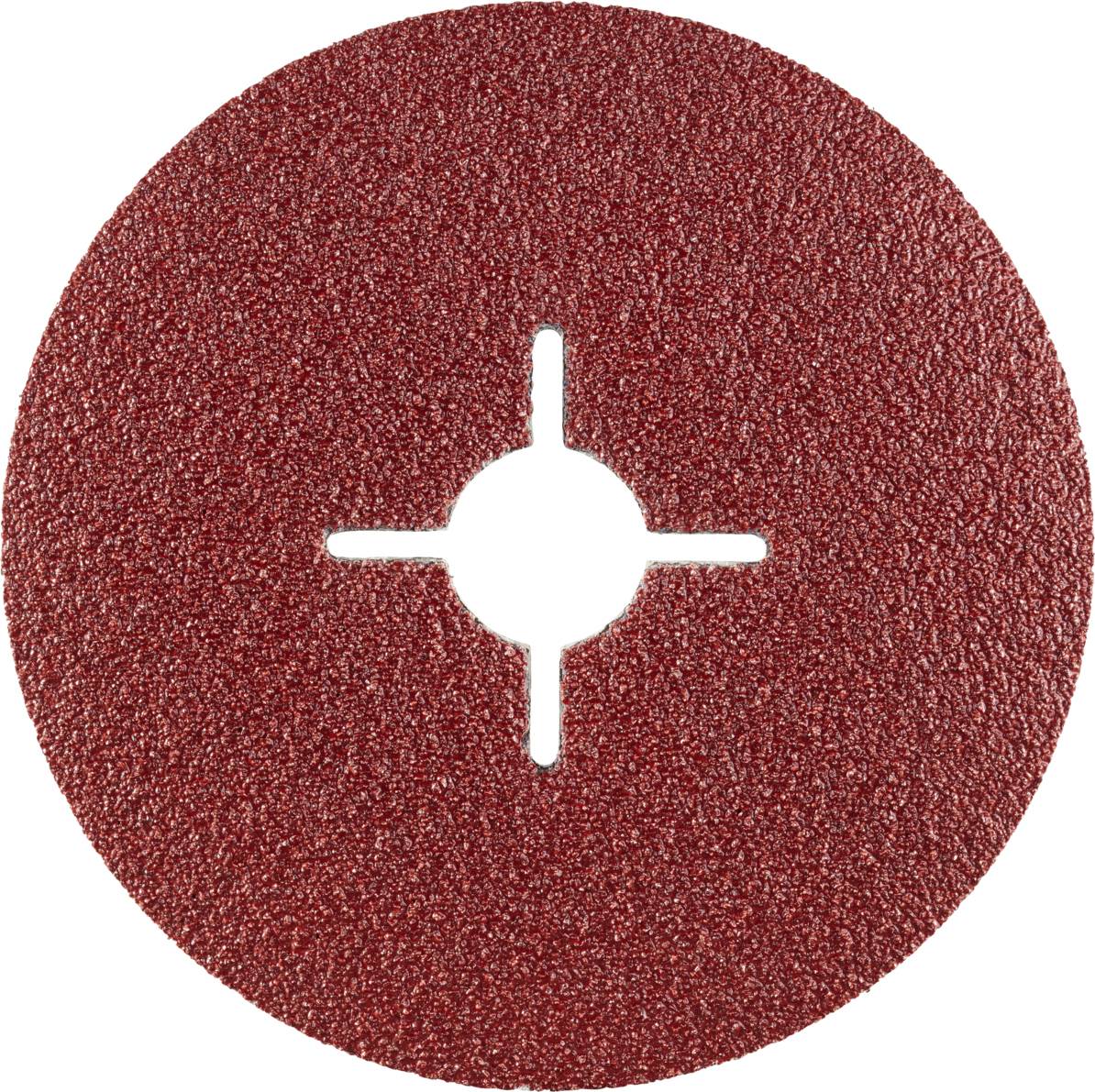 Okrągły, czerwony papier ścierny z wycięciem krzyżowym pośrodku, przeznaczony do użycia w szlifierkach.