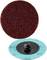 Ciemnoczerwoną podkładkę ścierną o szorstkiej powierzchni i niebieskim spodzie, która posiada czarne mocowanie od strony tylnej.