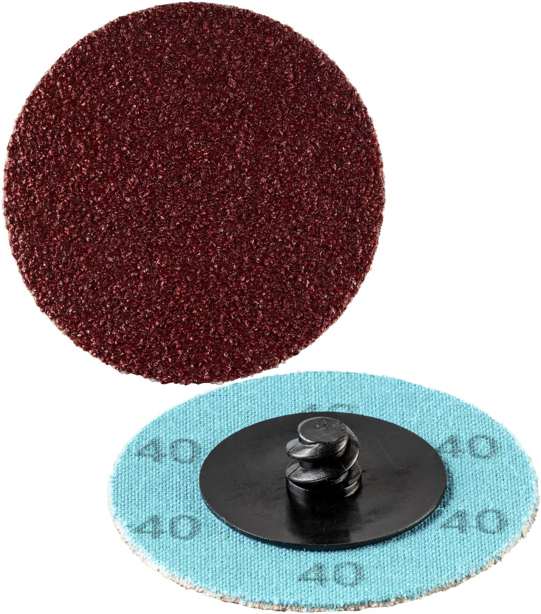 'Dwie tarcze szlifierskie: jedna z czerwoną ziarnistością do obróbki powierzchni, druga z niebieskim tyłem i nasadką śrubową, ziarnistość 40.'