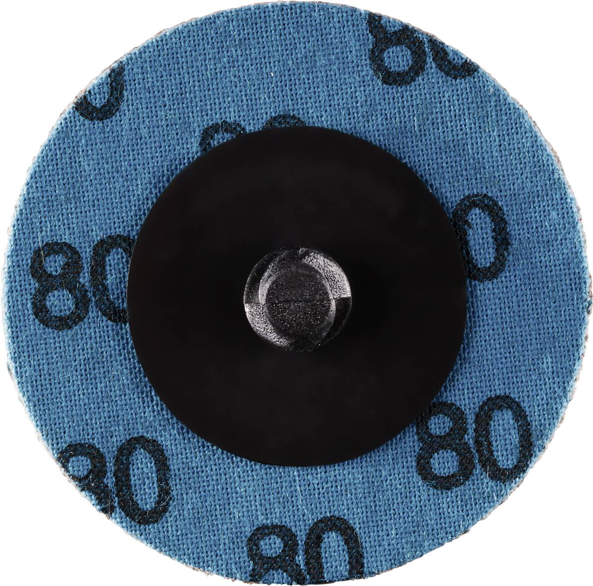 Okrągła tarcza szlifierska o gradacji '80' na niebieskim tle z czarnym systemem mocowania na rzep pośrodku.