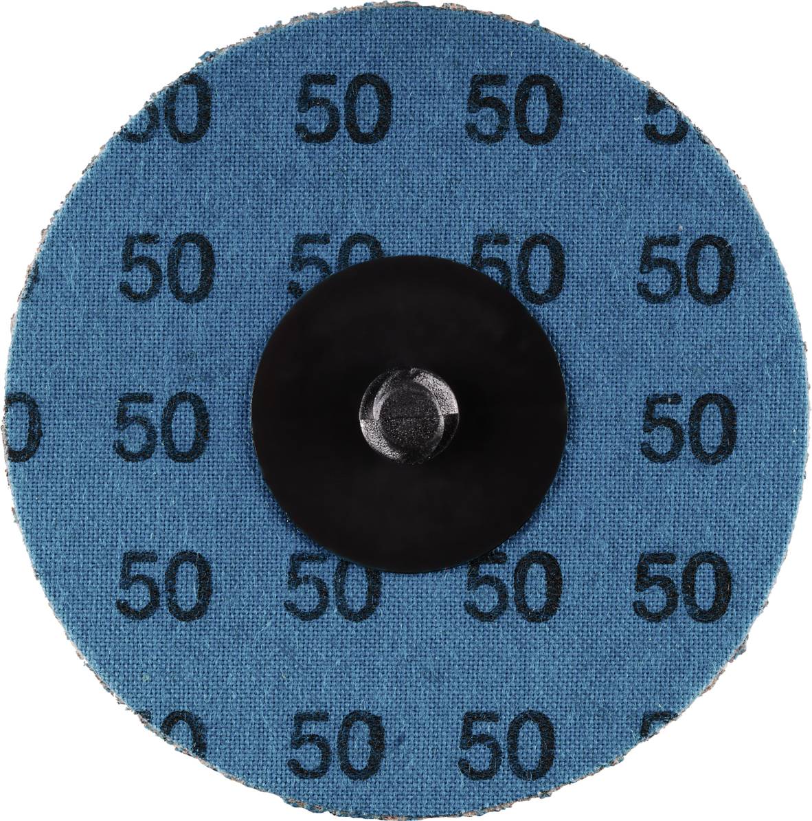 Okrągła tarcza szlifierska z niebieskim pokryciem, wielokrotnie wydrukowana liczba '50'. Centralne czarne mocowanie.