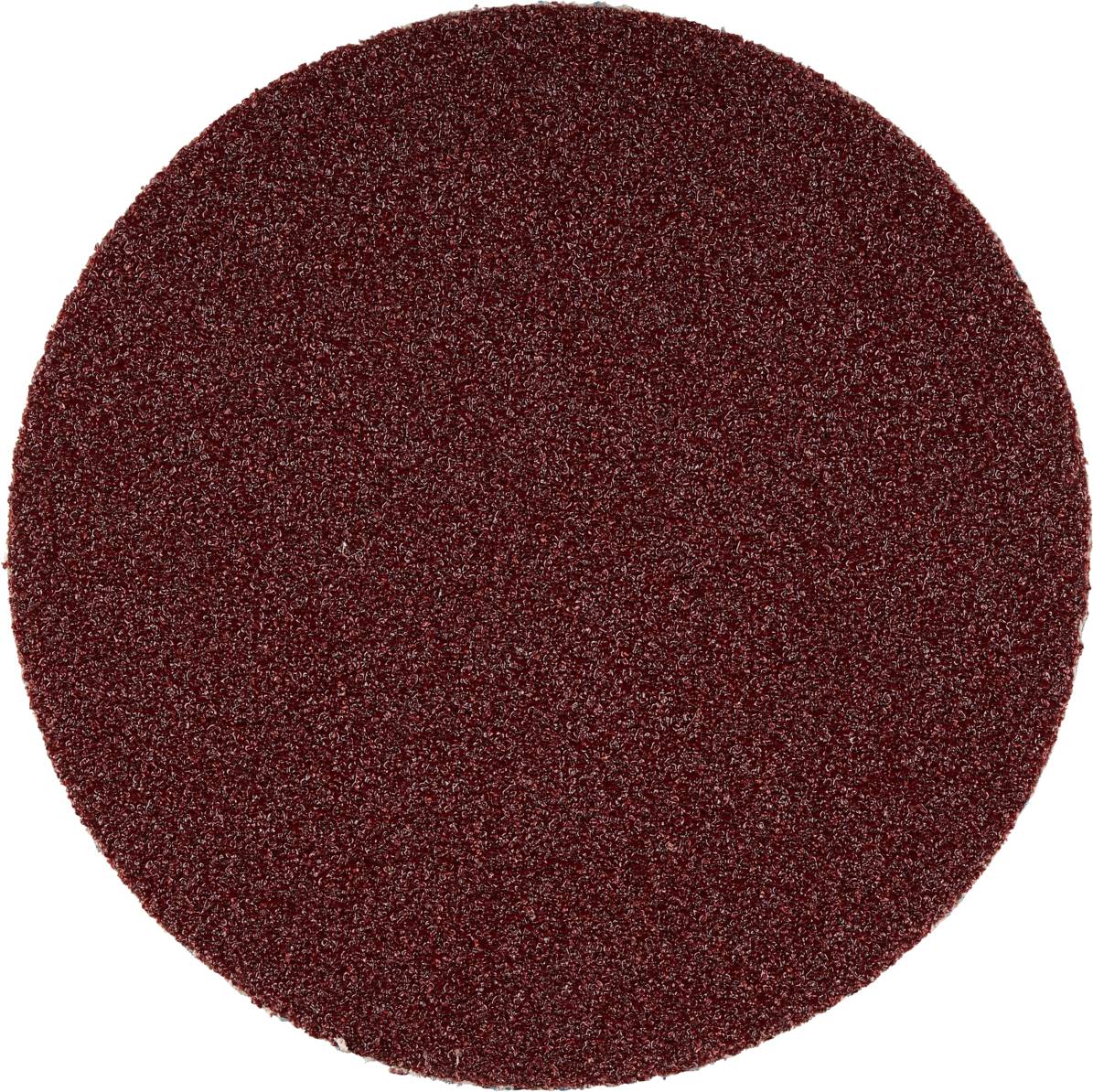 Okrągły arkusz papieru ściernego o grubym ziarnie, na białym tle. Często używany do szlifowania powierzchni.