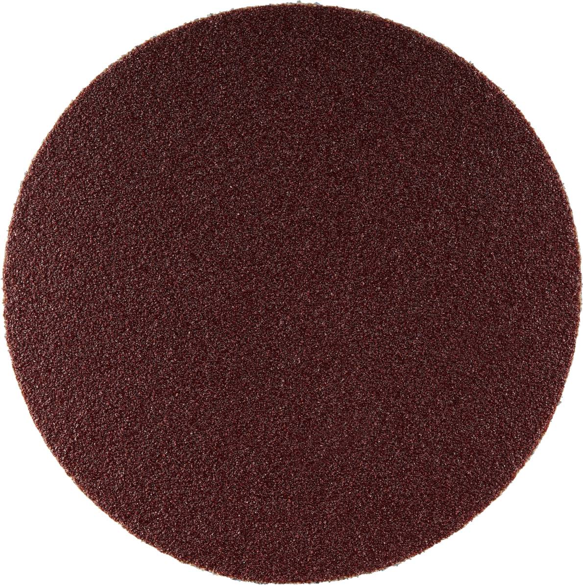 Okrągły, ciemny papier ścierny o szorstkiej strukturze. Odpowiedni do wygładzania lub usuwania warstw materiału w zastosowaniach rzemieślniczych.