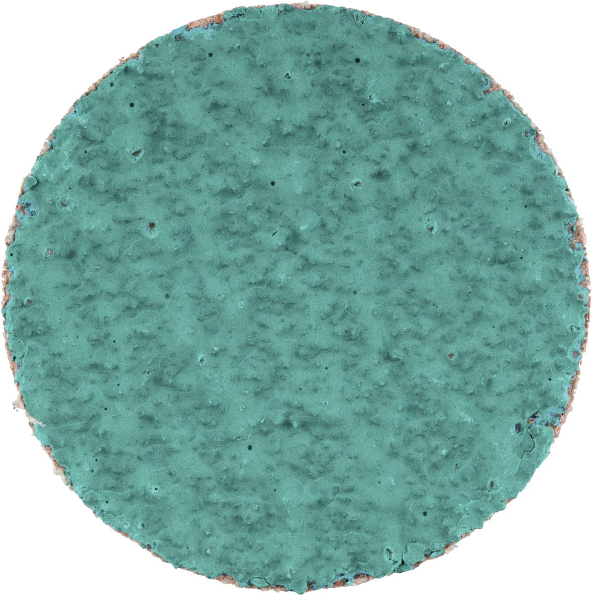 Owalny, turkusowy, strukturalny obiekt o pękniętych krawędziach, który może być dziełem sztuki lub fragmentem materiału.