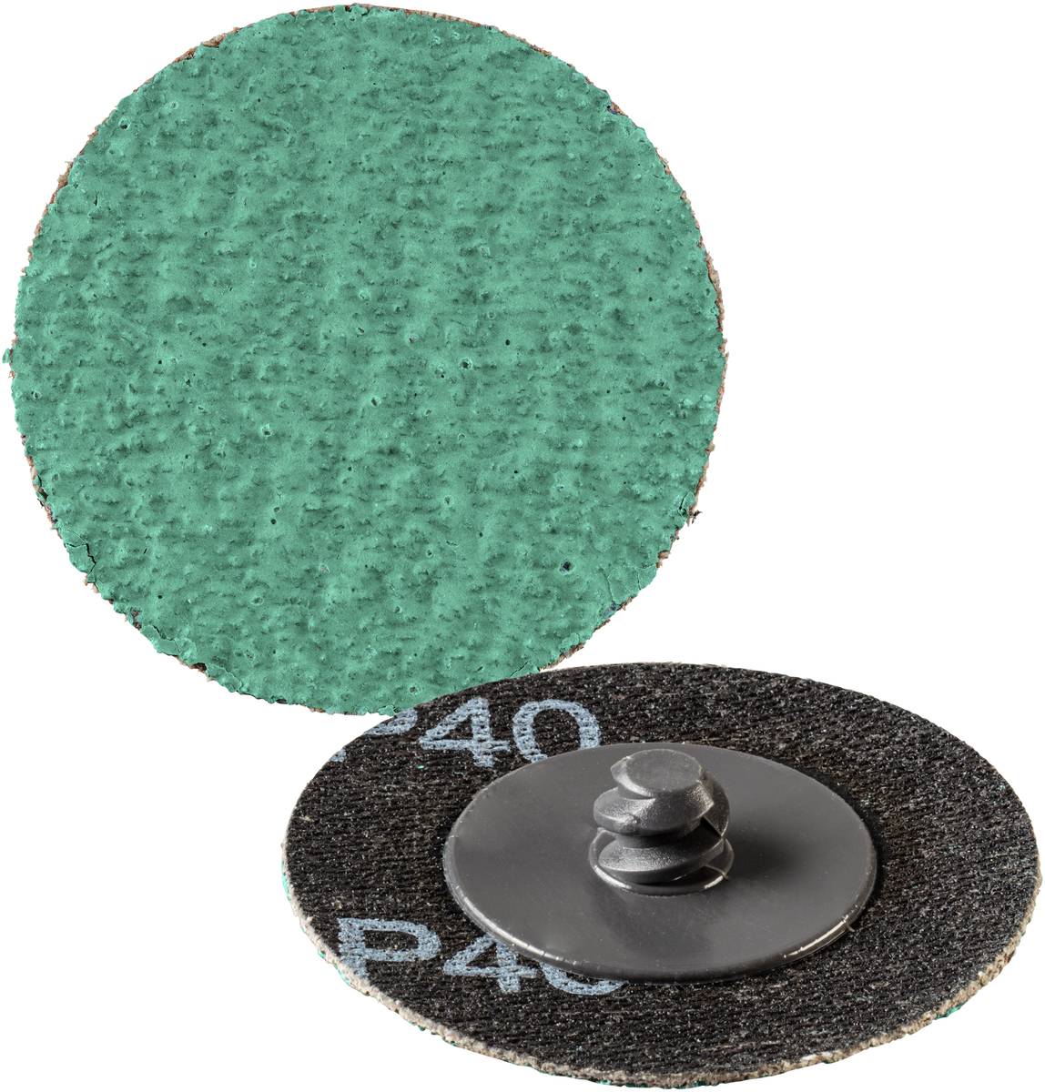 Dwie okrągłe tarcze szlifierskie, jedna o zielonym wierzchu, druga widoczna od strony odwrotnej z napisem P40 i metalowym zamknięciem.