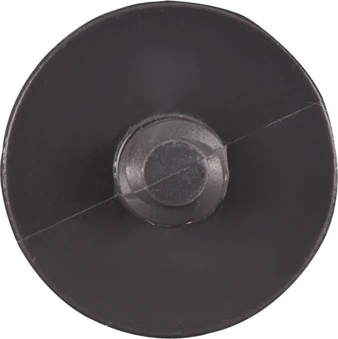 Czarny, okrągły obiekt z centralnym punktem, przypominający płaski dysk.