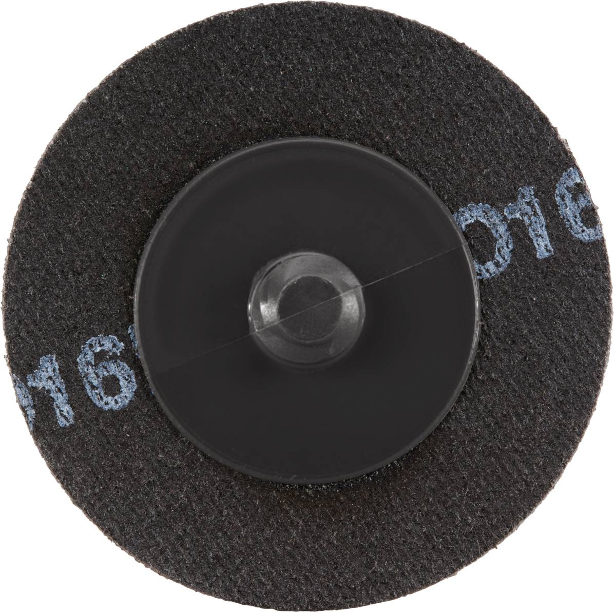 Czarna tarcza szlifierska z niebieskim napisem z boku, widziana z góry.