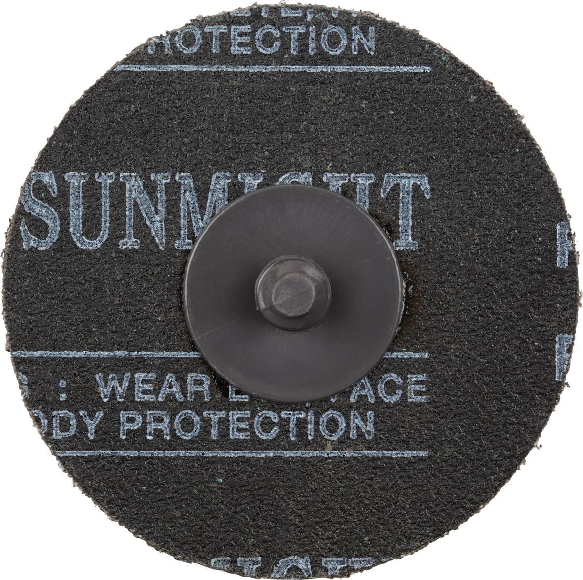 Okrągła tarcza szlifierska z mocowaniem na rzep, z napisem 'SUNMIGHT', z informacją o środkach ochronnych. Odpowiednia do prac szlifierskich na różnych powierzchniach.