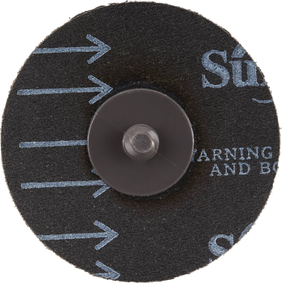 Tarcza szlifierska z niebieskimi strzałkami wskazującymi kierunek obrotu. Centralne mocowanie widoczne.