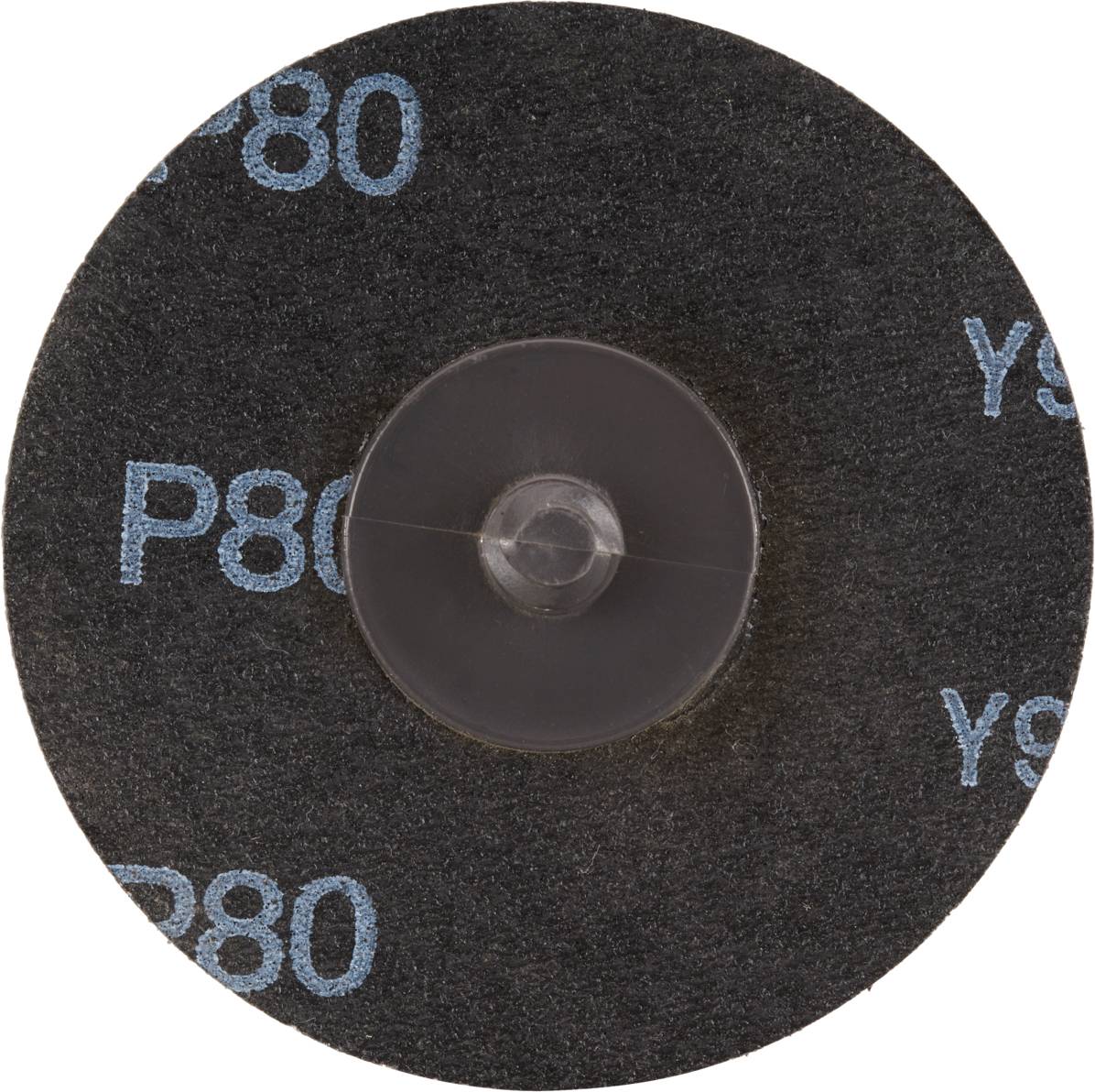 'Tarcza ścierna P80, czarna z niebieskim nadrukiem, o okrągłym środku, odpowiednia do prac szlifierskich.'