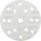 Okrągły, biały papier ścierny z wieloma otworami rozmieszczonymi na powierzchni. Teksty pojawiają się słabo w tle.