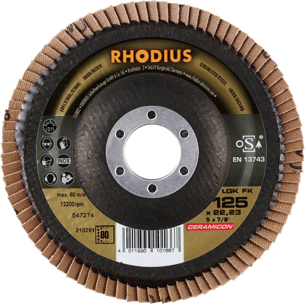 Tarcza szlifierska płaska RHODIUS LGK FK 125 x 22,23 mm z informacjami o prędkości obrotowej, certyfikatach i kodzie kreskowym na opakowaniu.