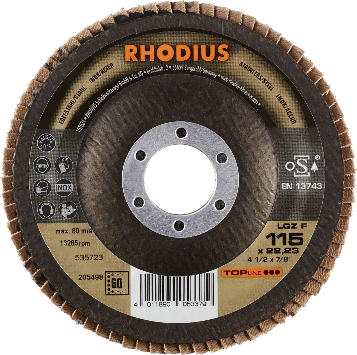 Tarcza szlifierska z napisem 'Rhodius', średnica 115 mm i prędkość obrotowa 13285 obr./min. Odpowiednia do stali nierdzewnej i metalu.