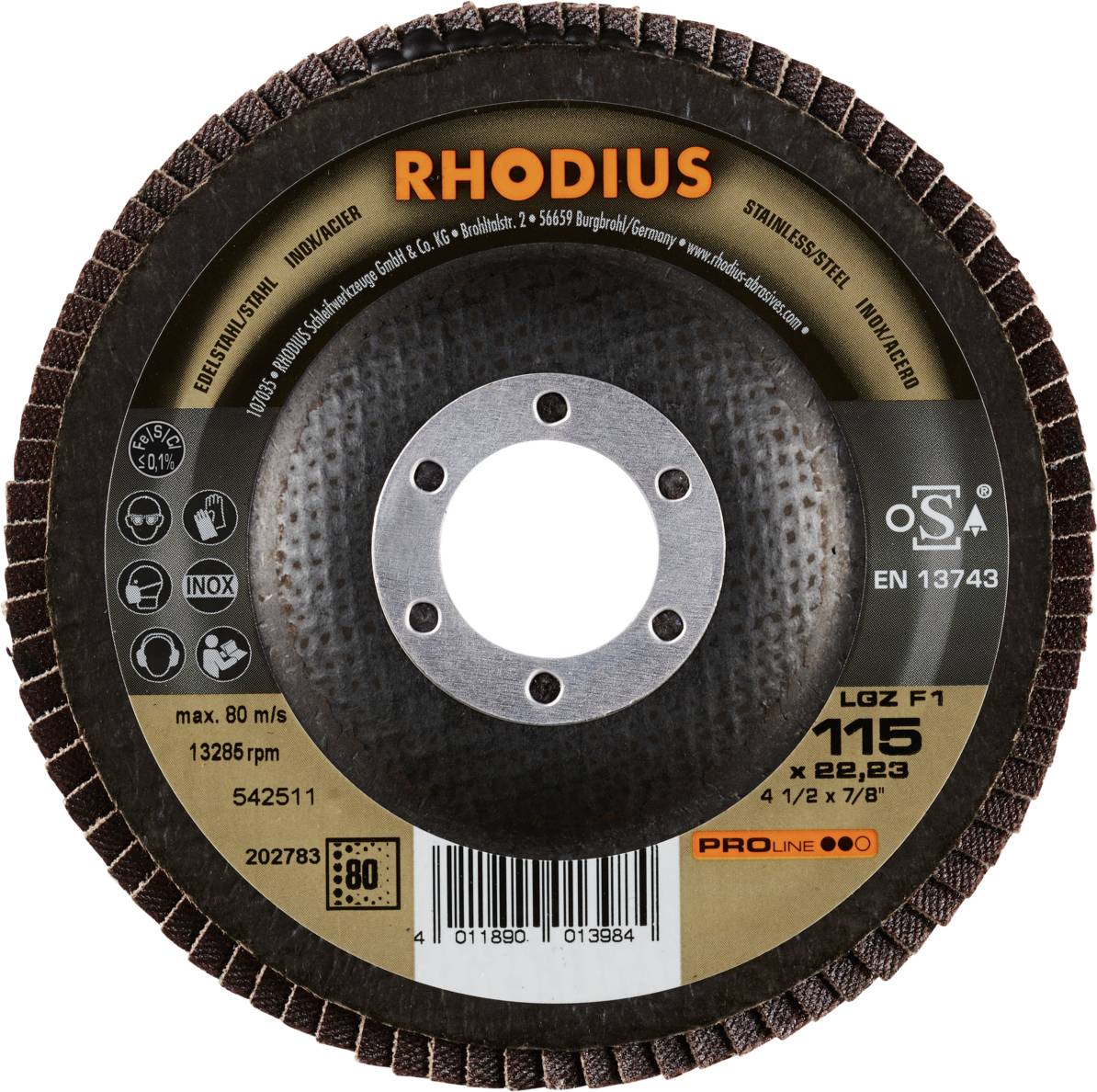 Tarcza ścierna Rhodius, Model LGZ F1, 115mm x 22,23mm. Odpowiednia do stali nierdzewnej, maks. 80 m/s, 13.285 obr./min.