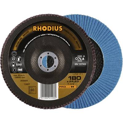 Tarcze ścierne 'RHODIUS', o średnicy 180 mm, kombinowane - tarcza ziarnista (brązowa) i tarcza lamelowa (niebieska). Do obróbki metalu.