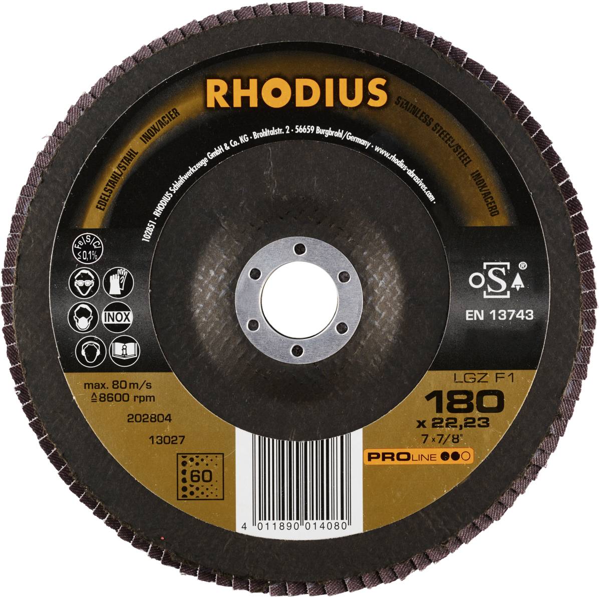 Tarcza szlifierska z nadrukiem 'RHODIUS' w kolorze pomarańczowym. Średnica 180 mm, maksymalna prędkość 80 m/s, odpowiednia do obróbki stali nierdzewnej.