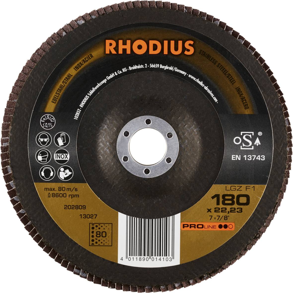 Tarcza szlifierska 'RHODIUS' z brązową krawędzią, średnica 180 mm, maks. 80 m/s. Informacje o normach po lewej stronie, szczegóły na czarnej etykiecie.