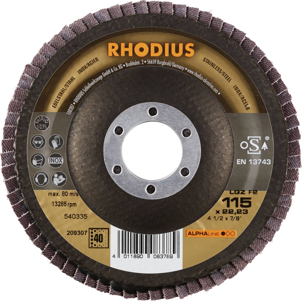 Tarcza szlifierska Rhodius, model LGZ do stali nierdzewnej, średnica 115 mm, maksymalnie 80 m/s. Zawiera oznaczenia i numery seryjne.