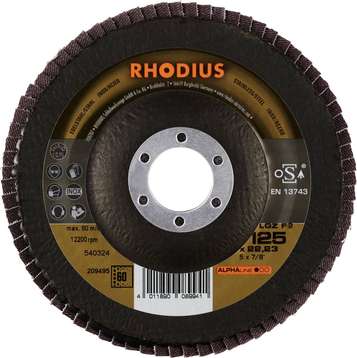 Tarcza szlifierska RHODIUS, średnica 125 mm, do obróbki metalu. Maksymalna prędkość obrotowa 12.200 obr./min.