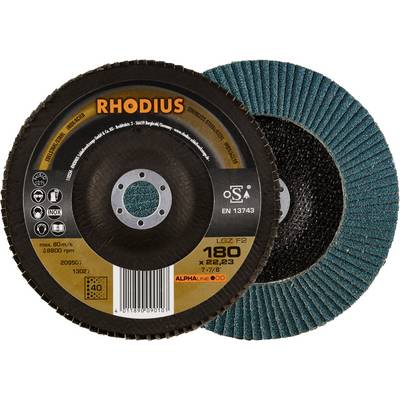 'RHODIUS' Tarcze ścierne z informacjami o produkcie i bezpieczeństwie. Średnica 180 mm, odpowiednie do obróbki metalu.