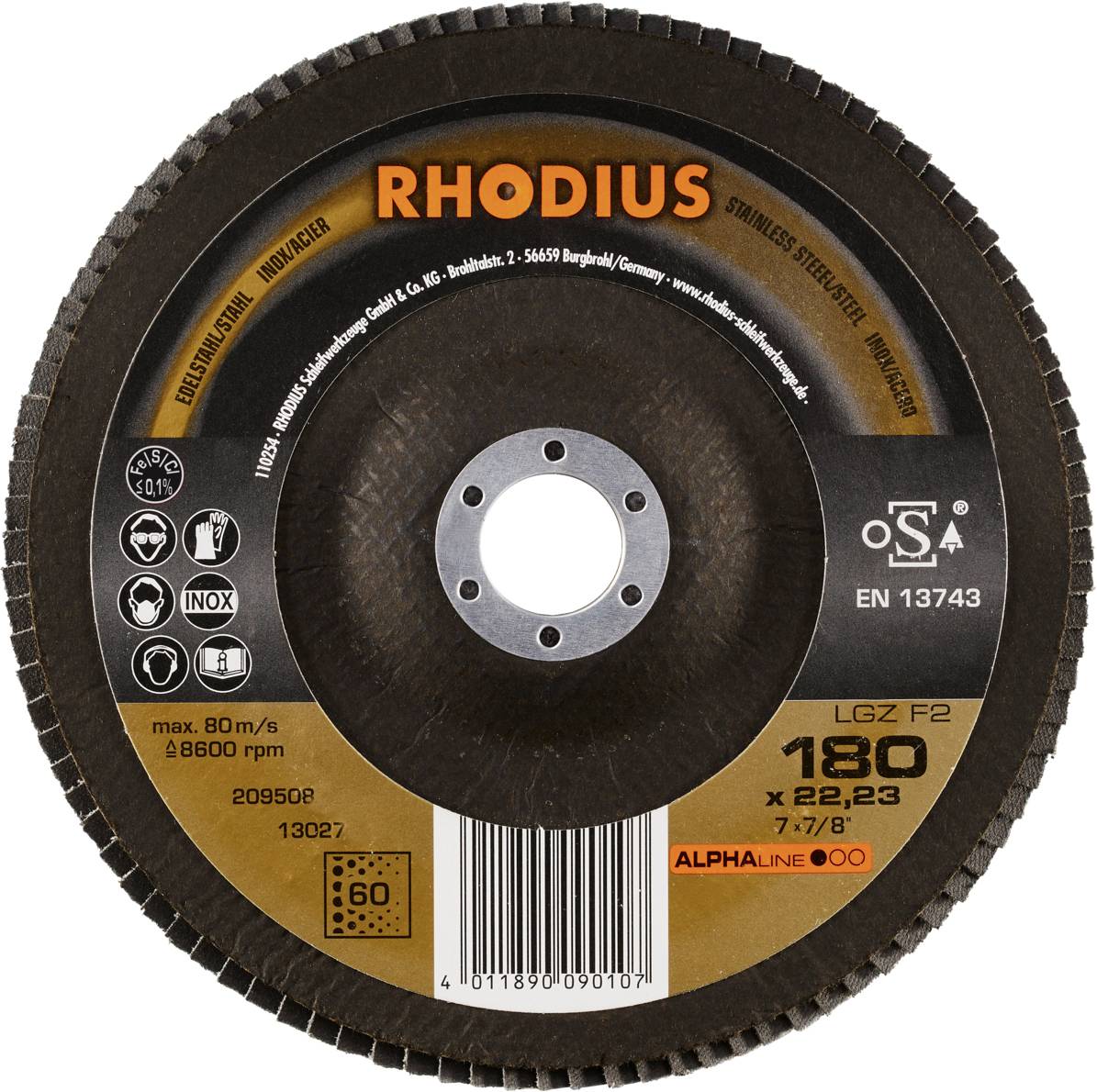 Okrągła tarcza tnąca z napisem 'RHODIUS', średnica 180 mm, maks. 80 m/s, 8600 obr./min. Odpowiednia do stali nierdzewnej. Zgodna z normą EN 13743.
