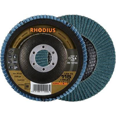 Tarcza szlifierska Rhodius, model LGZ F3, średnica 115 mm, maksymalna prędkość obrotowa 13.260 obrotów na minutę, odpowiednia do stali nierdzewnej, drewna i metalu.