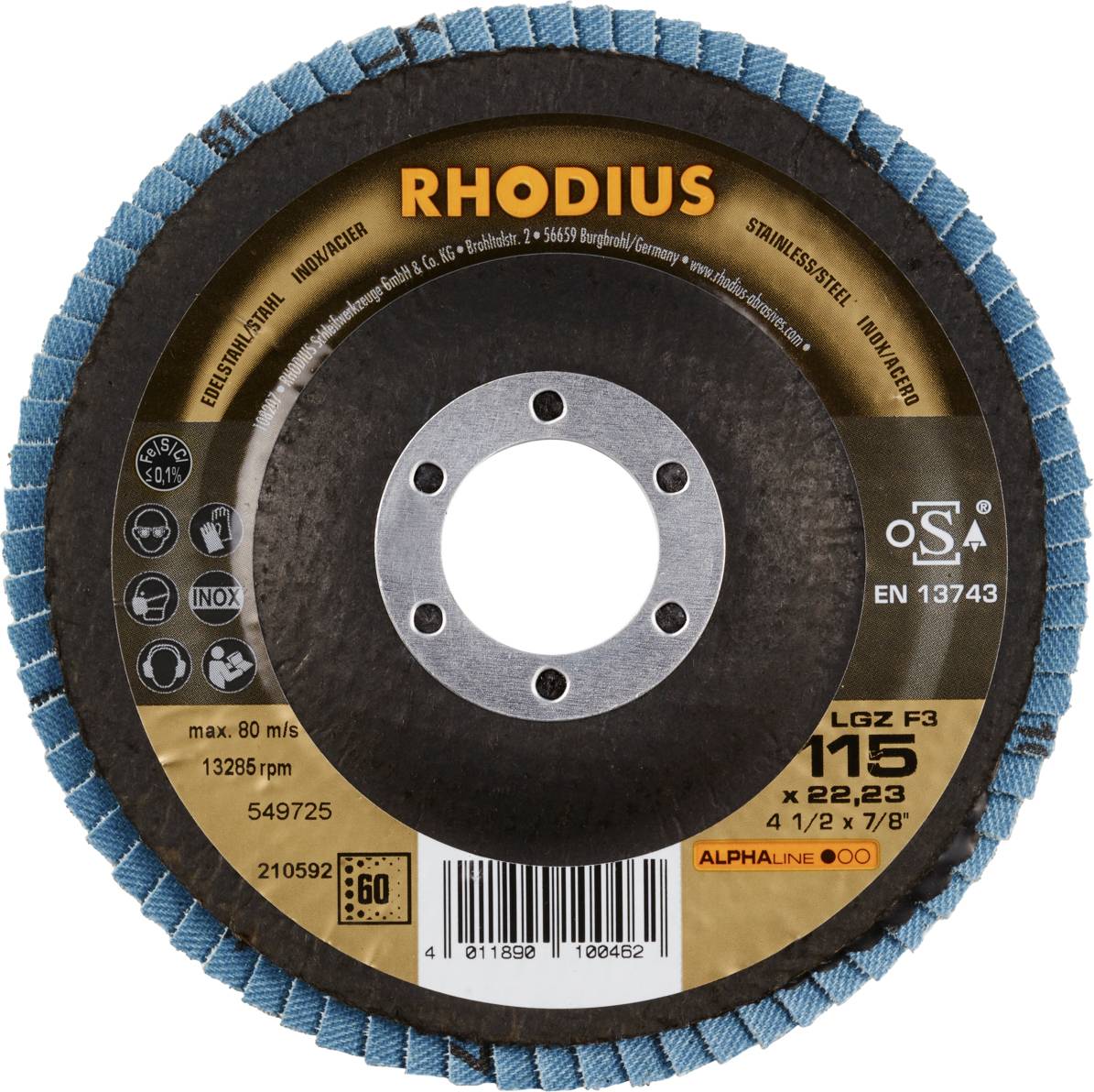 'RHODIUS' tarcza szlifierska z niebieskim brzegiem, maks. 80 m/s, 13265 obr./min. Średnica 115 mm. Odpowiednia do stali nierdzewnej, z logo bezpieczeństwa.