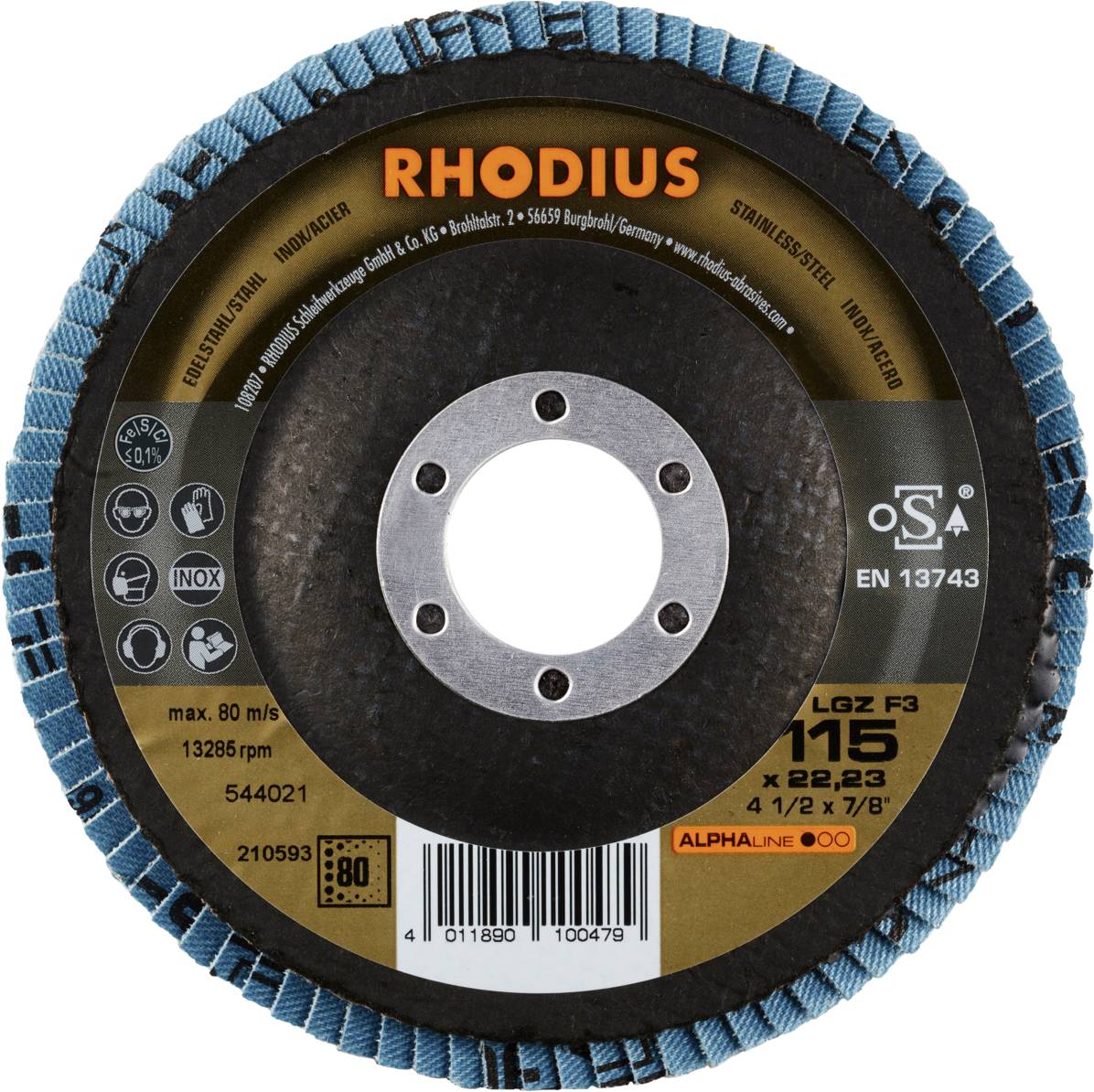 'RHODIUS' Tarcza szlifierska, maks. 80 m/s, 13285 obr./min, 115 x 22,23 mm, do stali nierdzewnej, Alphaline 800, szczegóły produktu i informacje dotyczące bezpieczeństwa.