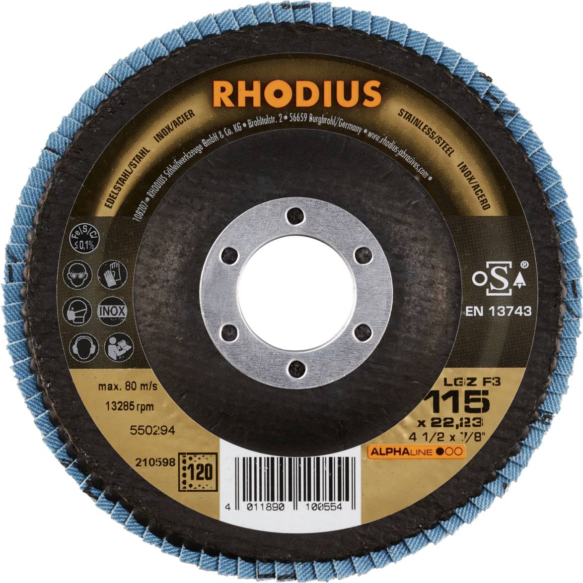 Tarcza szlifierska Rhodius, typ LGZ F3, średnica 115 mm, maksymalna prędkość 80 m/s, odpowiednia do stali nierdzewnej, z certyfikatem EN 13743.