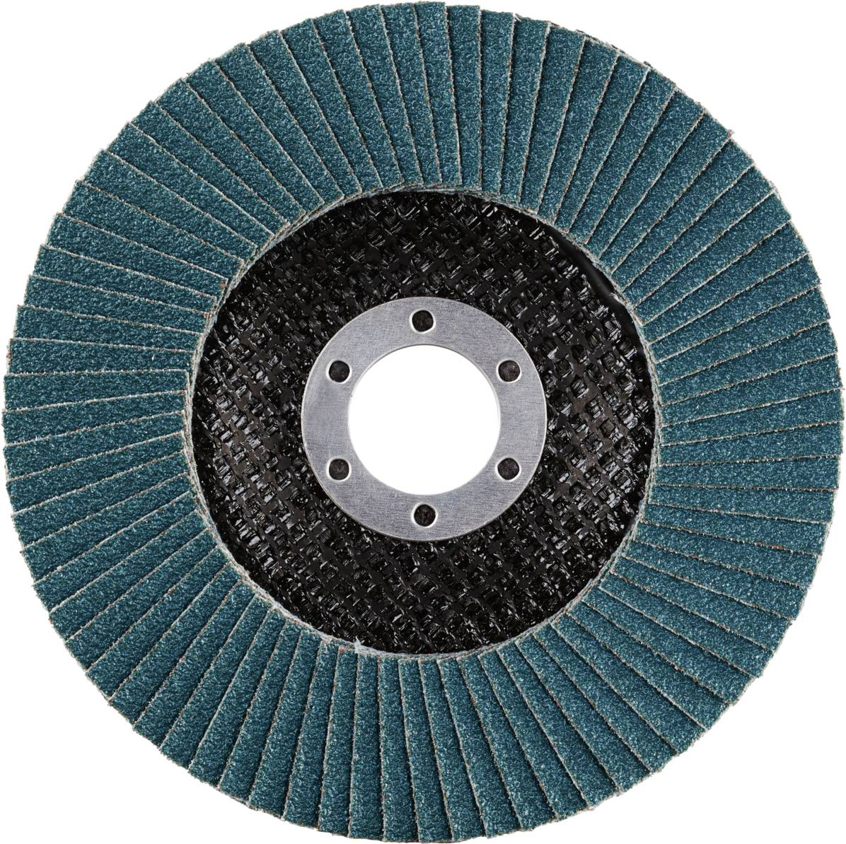 Niebieski tarcz szlifierski Flapdisc o wielu warstwach, z centralnym otworem mocującym na czarnym tle, przeznaczony do szlifowania materiałów.