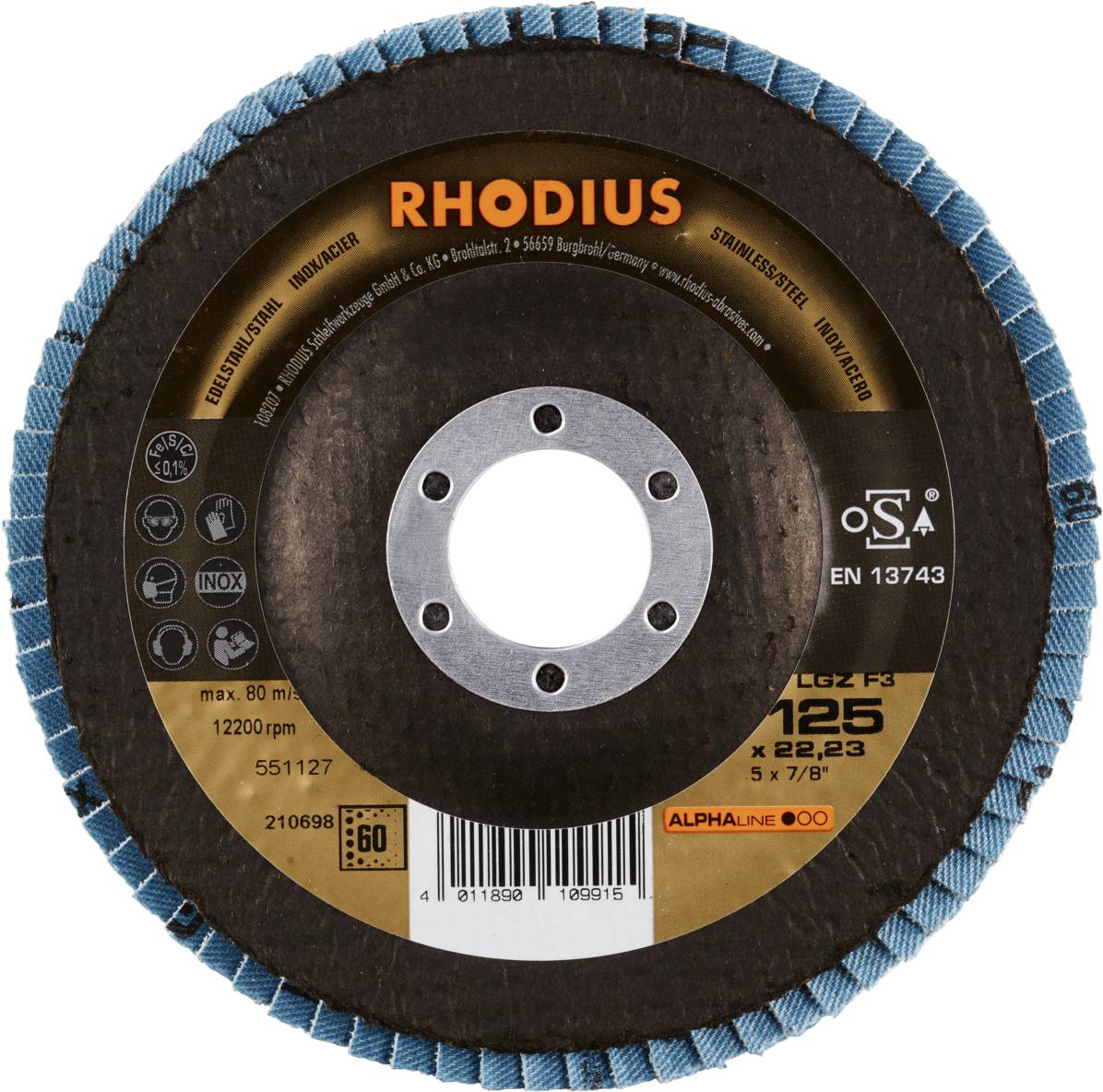 Tarcza szlifierska z niebieską warstwą na krawędzi. Oznaczenie 'RHODIUS', średnica 125 mm, odpowiednia do obróbki metalu.