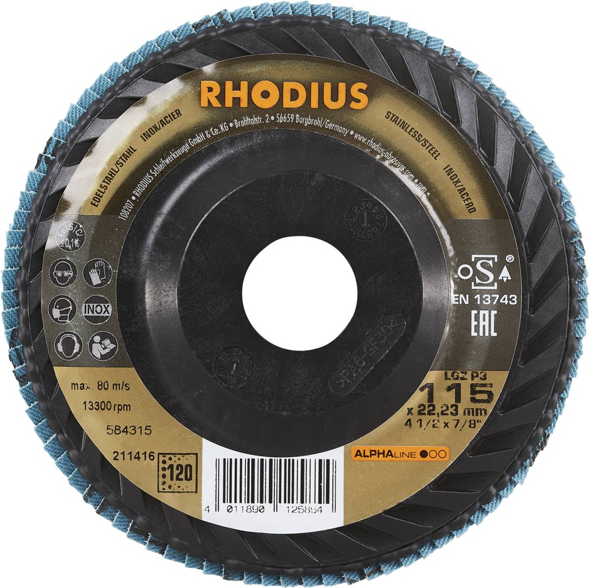 Tarcza szlifierska z napisem 'RHODIUS', średnica 115 mm, maksymalna prędkość 80 m/s, 13300 obr./min, typ LGZ-P.