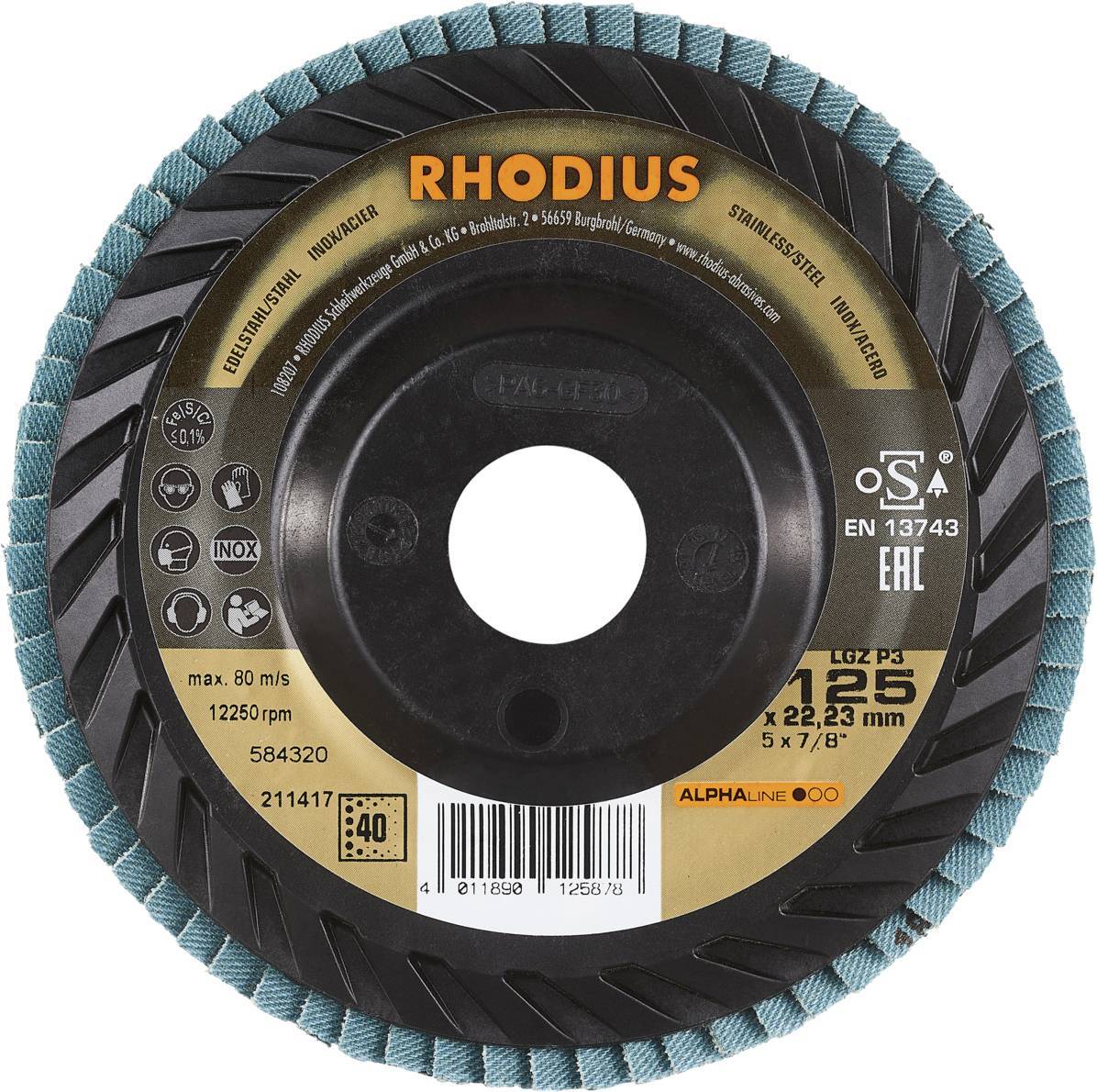 Tarcza ścierna 'RHODIUS' ze wzorem zygzakowatym, maks. 80 m/s, 12.250 obr./min, średnica 125 mm, otwór 22,23 mm.