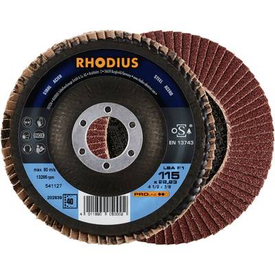Tarcza ścierna 'RHODIUS', 115 x 22,23 mm. Odpowiednia do stali i stali nierdzewnej. Etykieta prezentuje oznaczenie produktu oraz wskazówki dotyczące jego stosowania.