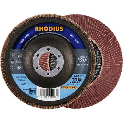 Tarcza szlifierska kątowej szlifierki firmy Rhodius, typ LSA F1 o średnicy 115 mm, przeznaczona do stali i stali nierdzewnej, o gradacji ziarna 120.