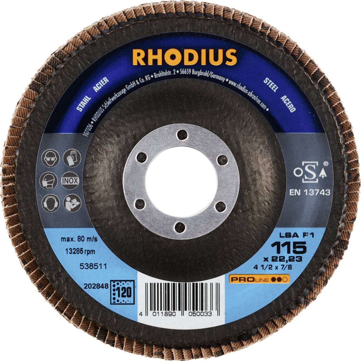 Tarcza ścierna Rhodius LSA F1, 115 x 22,23 mm, odpowiednia do stali i stali nierdzewnej, maksymalnie 80 m/s, 13 285 obr./min, seria Pro Line.