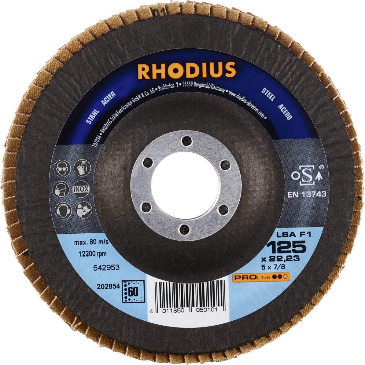Opis narzędzia szlifierskiego z oznaczeniem 'RHODIUS', o średnicy 125 mm, maksymalnej prędkości 80 m/s, 12.200 obr./min.