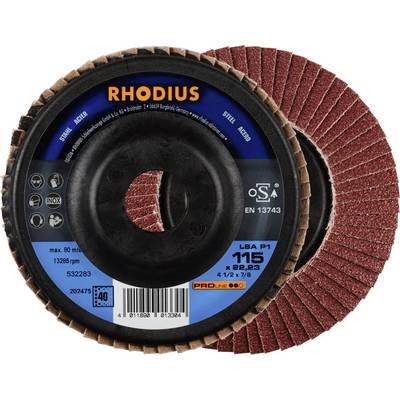 'RHODIUS tarcze szlifierskie' z nadrukiem: LSA P1, 115 x 22,23 mm. Odpowiednie do stali. Zawiera normy i parametry prędkości.