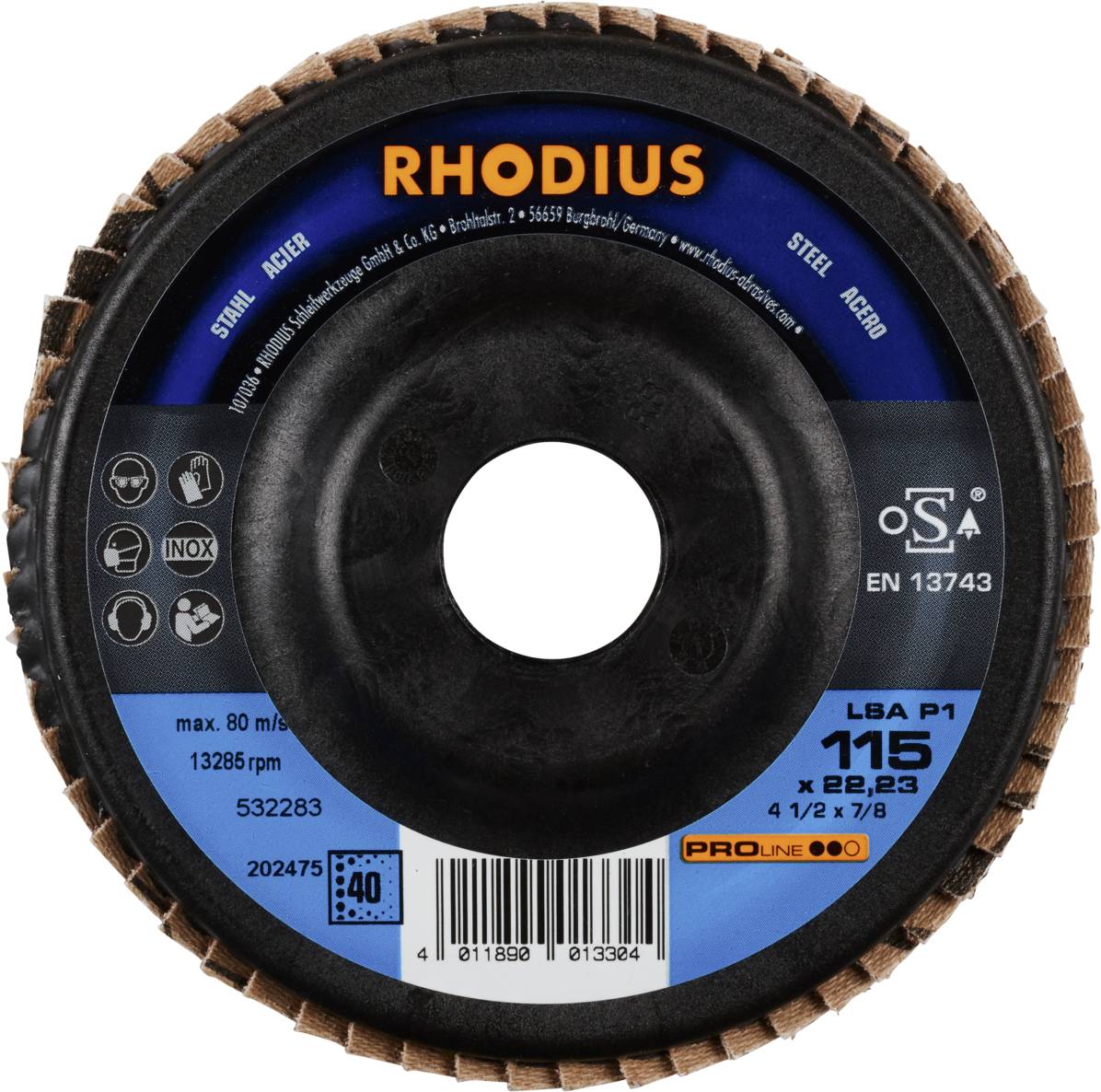 Tarcza ścierna marki RHODIUS, model LSA P1, o średnicy 115 mm, maksymalna prędkość obrotowa 13285 obr./min, odpowiednia do stali i stali nierdzewnej.