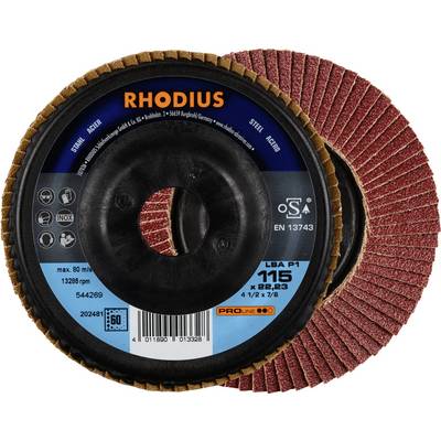 Tarcza ścierna 'RHODIUS' z czerwonego papieru ściernego, okrągła, z czarnym środkiem. Nadruk przedstawia specyfikacje produktu oraz wymiary.