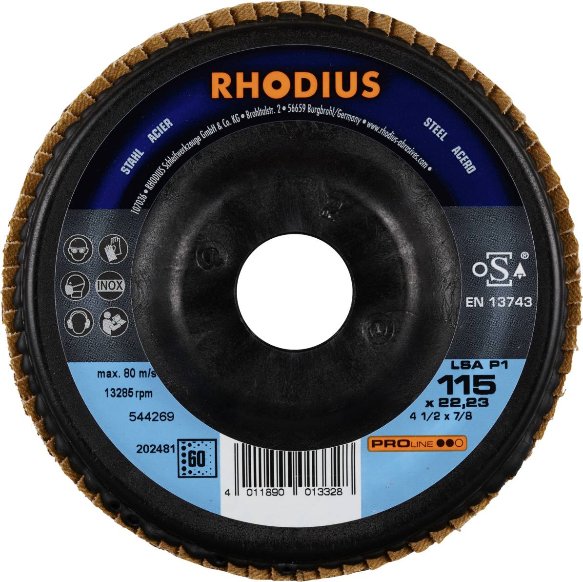 Tarcza lamelkowa Rhodius, model LBA P1, 115 x 22,23 mm, do stali, maks. 80 m/s, 13286 obr./min, odpowiednia do szlifierki kątowej.