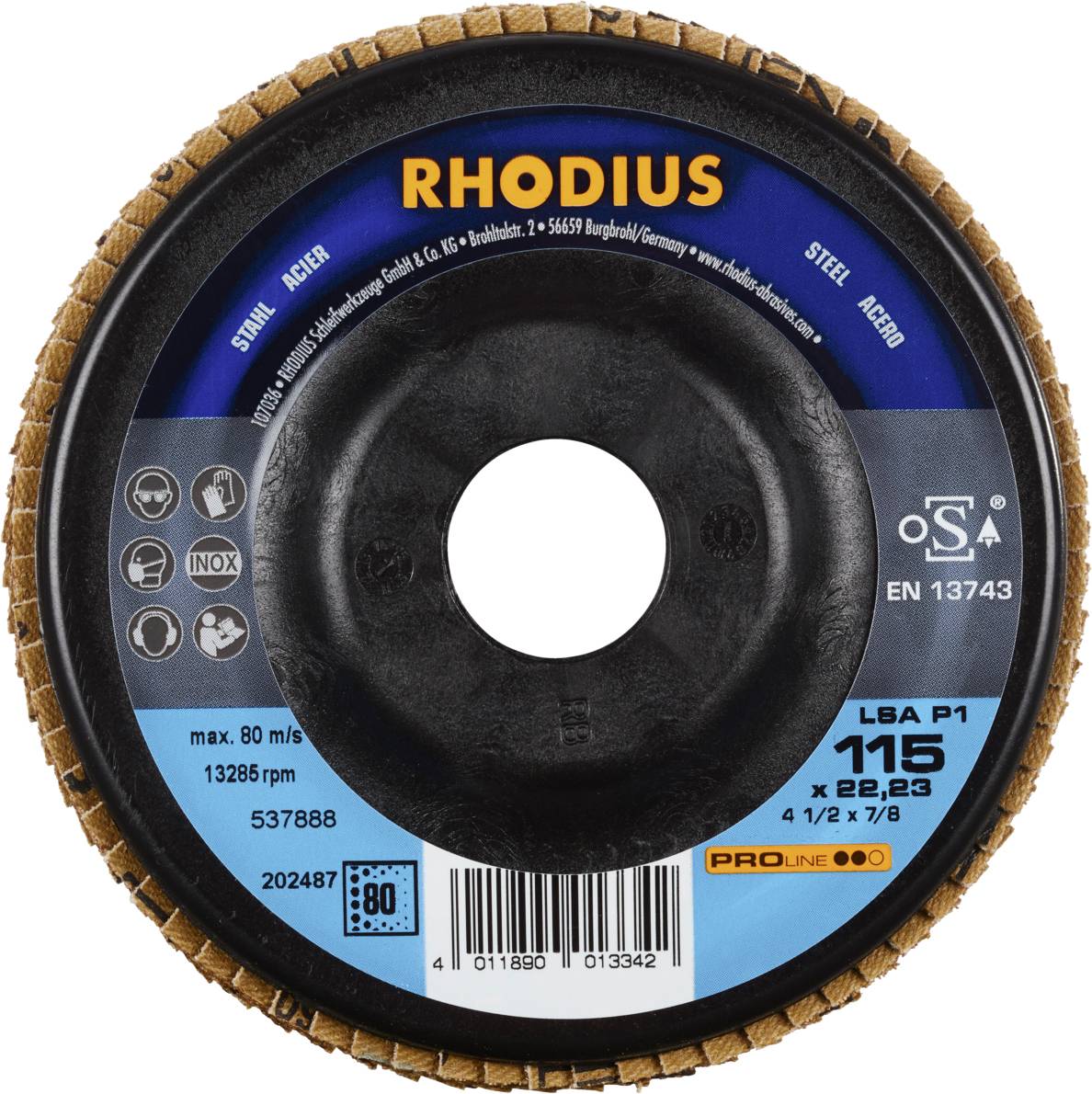 Tarcza ścierna RHODIUS, okrągła, 115 x 22,23 mm, do stali, maks. 80 m/s, 13285 obr./min, jakość PROline, różne dane producenta.