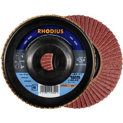 Tarcza lamelkowa z czerwonym materiałem ściernym i czarnym środkiem, marka 'RHODIUS', numer produktu 125 x 22,23 mm, do obróbki metalu.