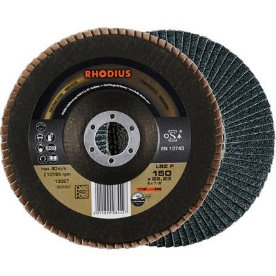 Tarcza szlifierska Rhodius, model LSZ F 150x22,23 mm, o powierzchni gruboziarnistej. Maksymalna prędkość obrotowa: 11.015 obr./min.
