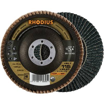 Tarcze ścierne 'RHODIUS' do szlifierki kątowej, model LSZ F 115 x 22,23 mm, odpowiednie do obróbki metalu, maks. 80 m/s, 13.286 obr./min.